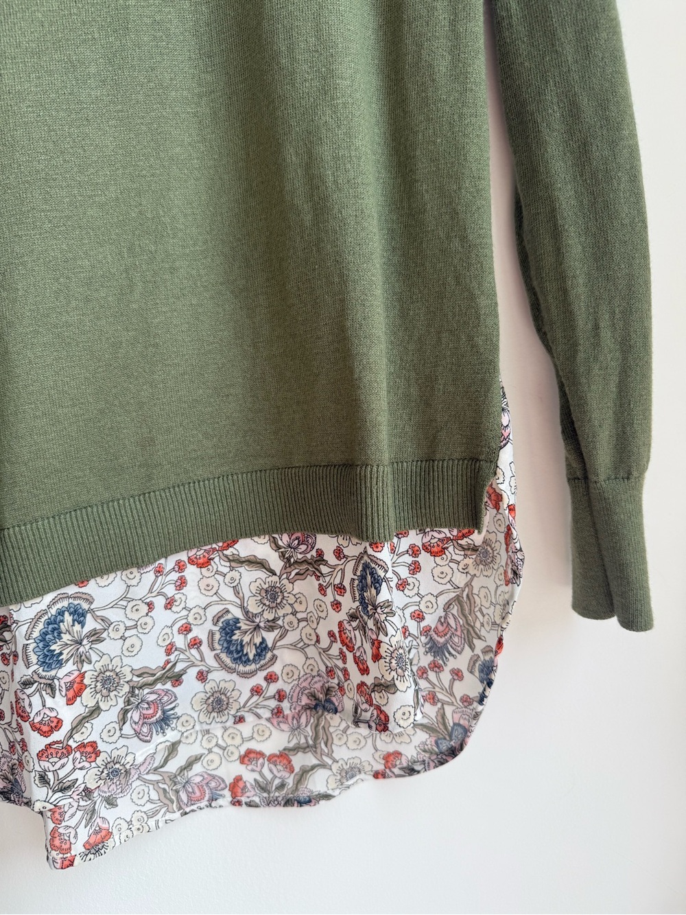 LOFT Olive Green Crewneck Sweater with Floral Layered Hem - Picture 3 of 13
